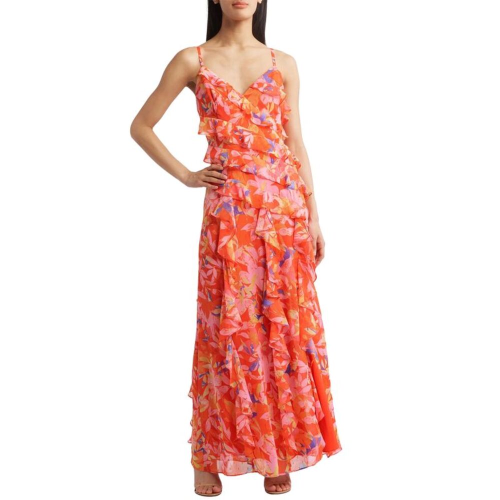 Eliza J Womens Floral Ruffle Fil Coupé Maxi Dress 10 Red Multi - NWT